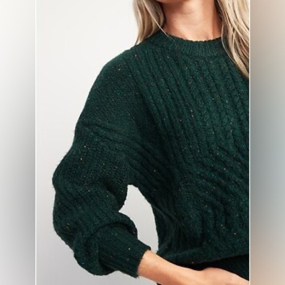 Old Navy Cozy Cable Knit Blouson Sleeve Sweater Forest Green Small Cotton Blend - Picture 3 of 11